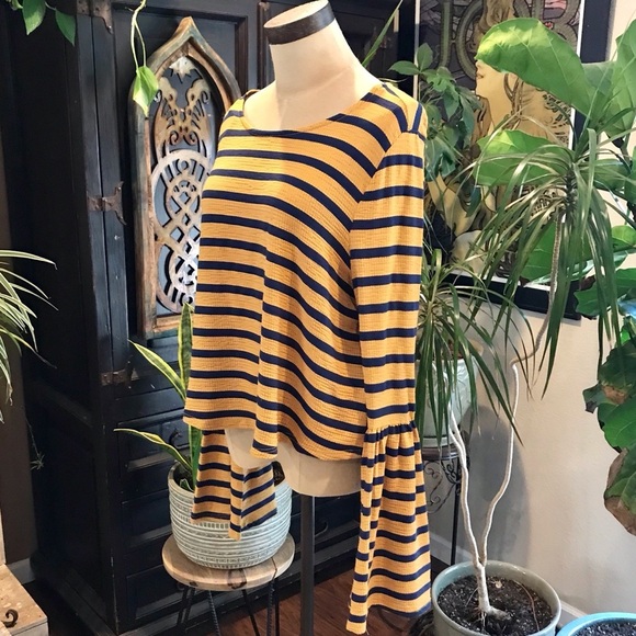 Loveriche mustard & navy strip bell sleeve top - Picture 4 of 8